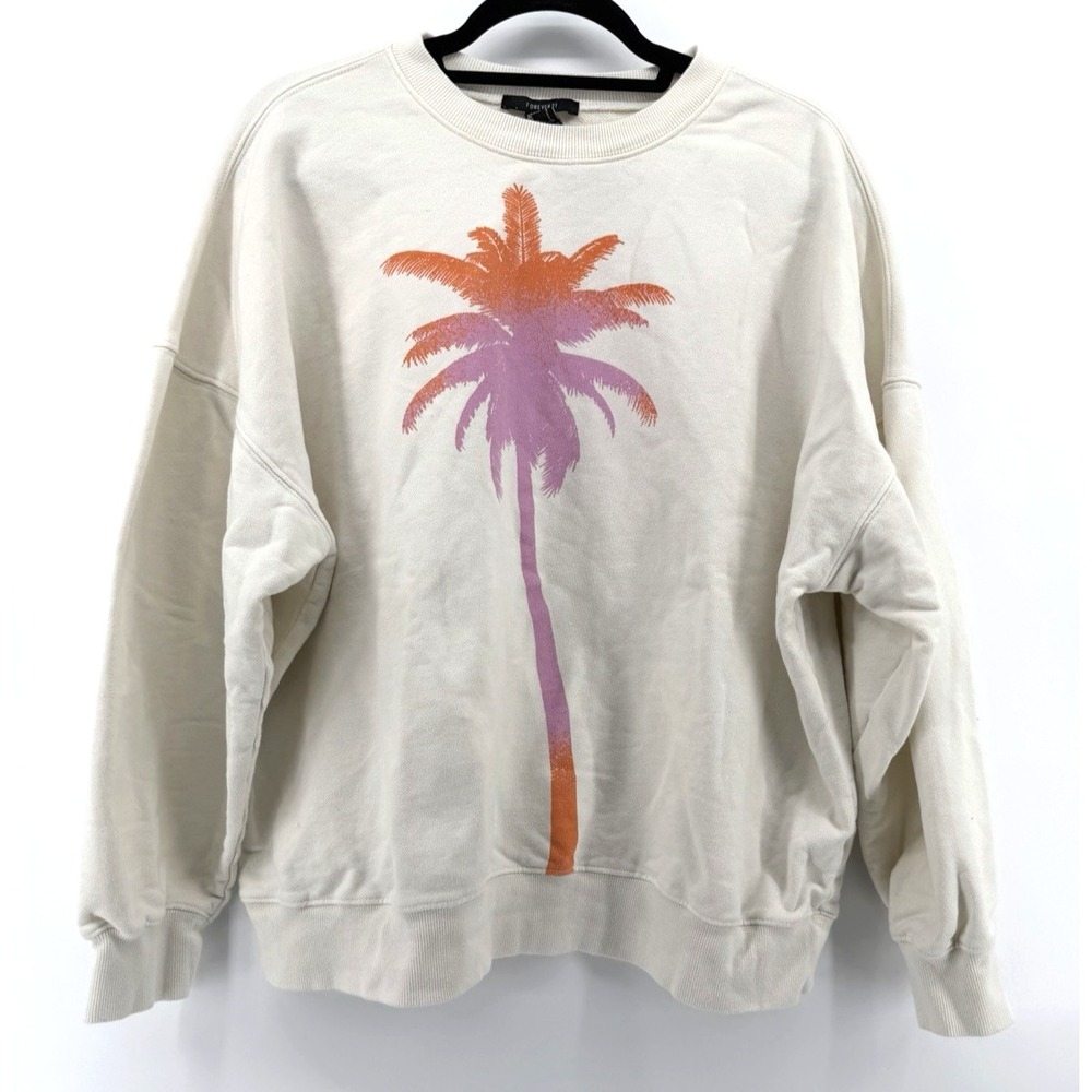 Forever 21 Oversized Palm Tree Sweatshirt in Cream Beach Retro Tropical Women L